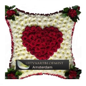 Rouwwerk kussen rood wit